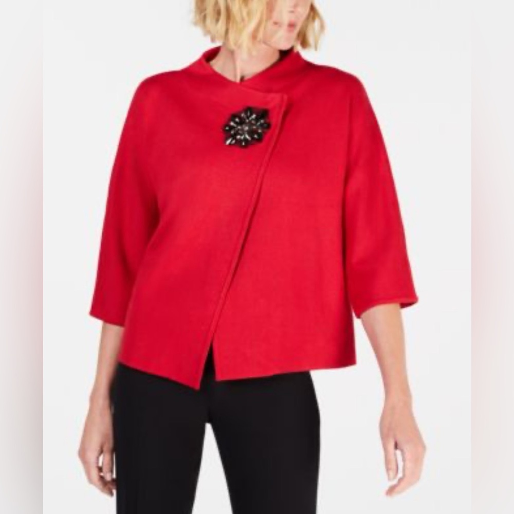JM Collections Petite Rhinestone Brooch Flyaway Cardigan, Red, Size 2X.